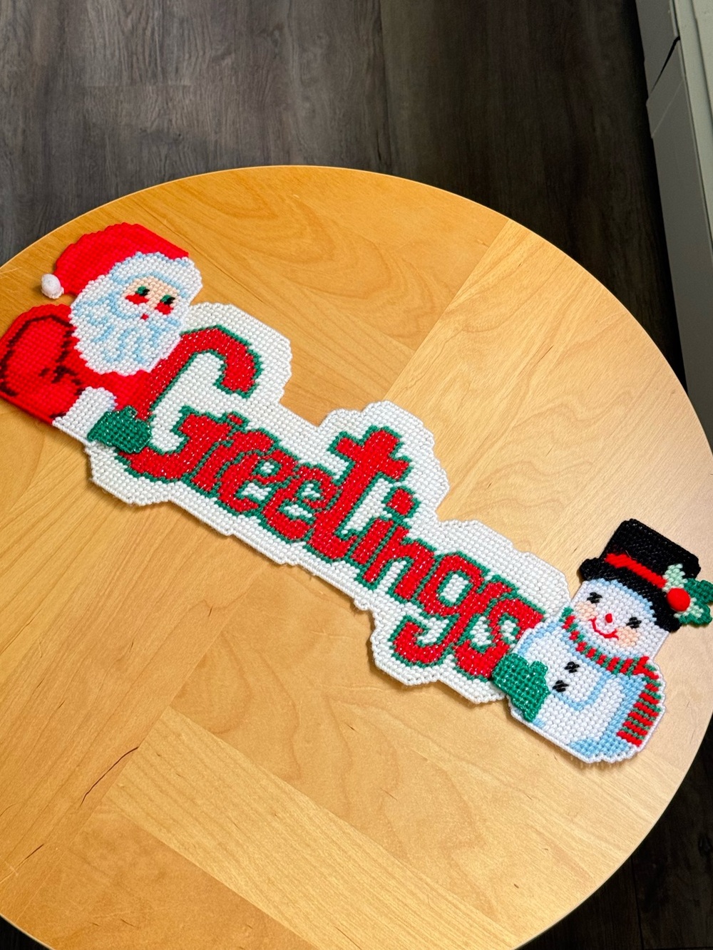 Greetings Vintage Christmas Santa Claus Snowman Cross Stitch Needlepoint Banner